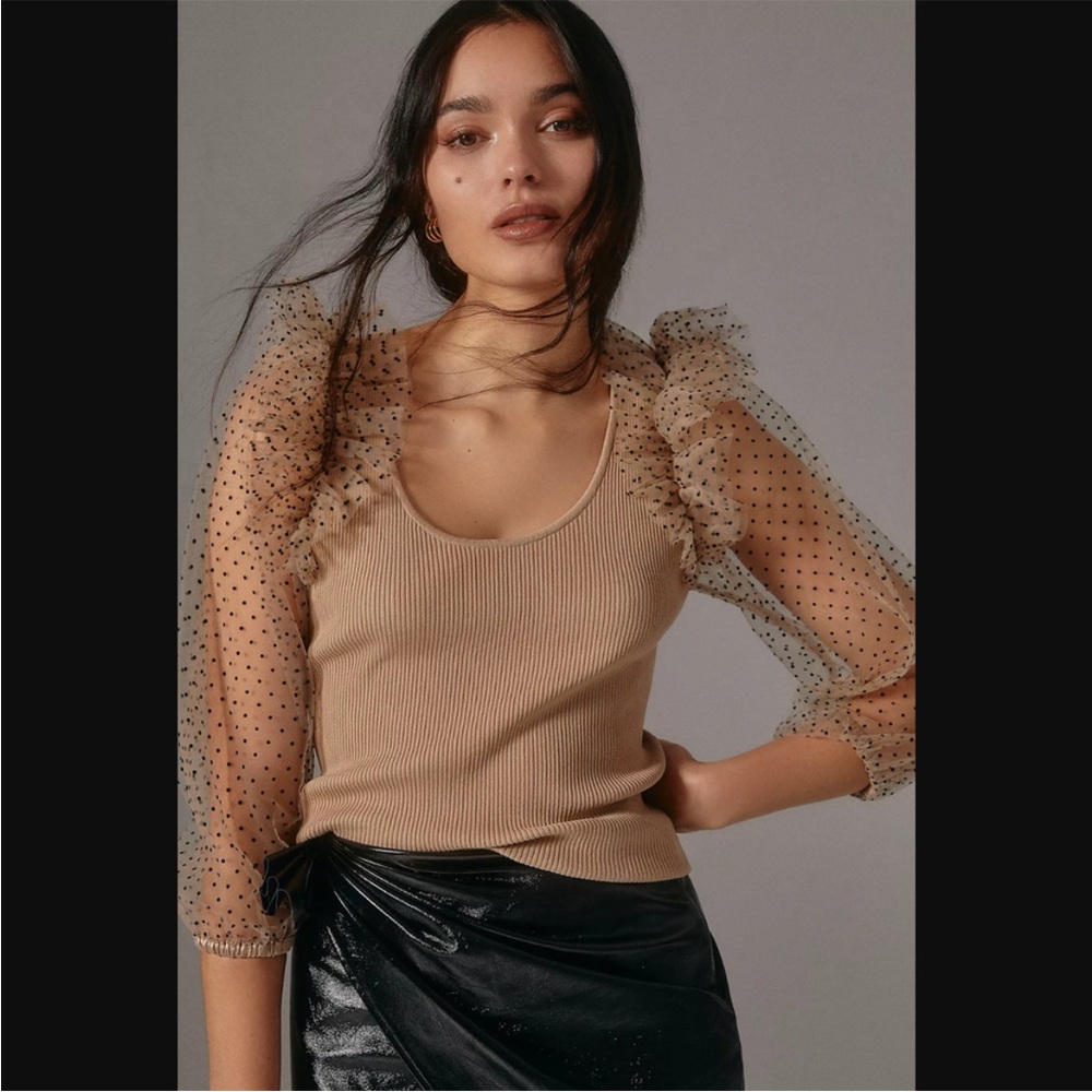 Anthropologie Dolan sheer sleeves polka dots beige ribbed top size SP Petite NWT